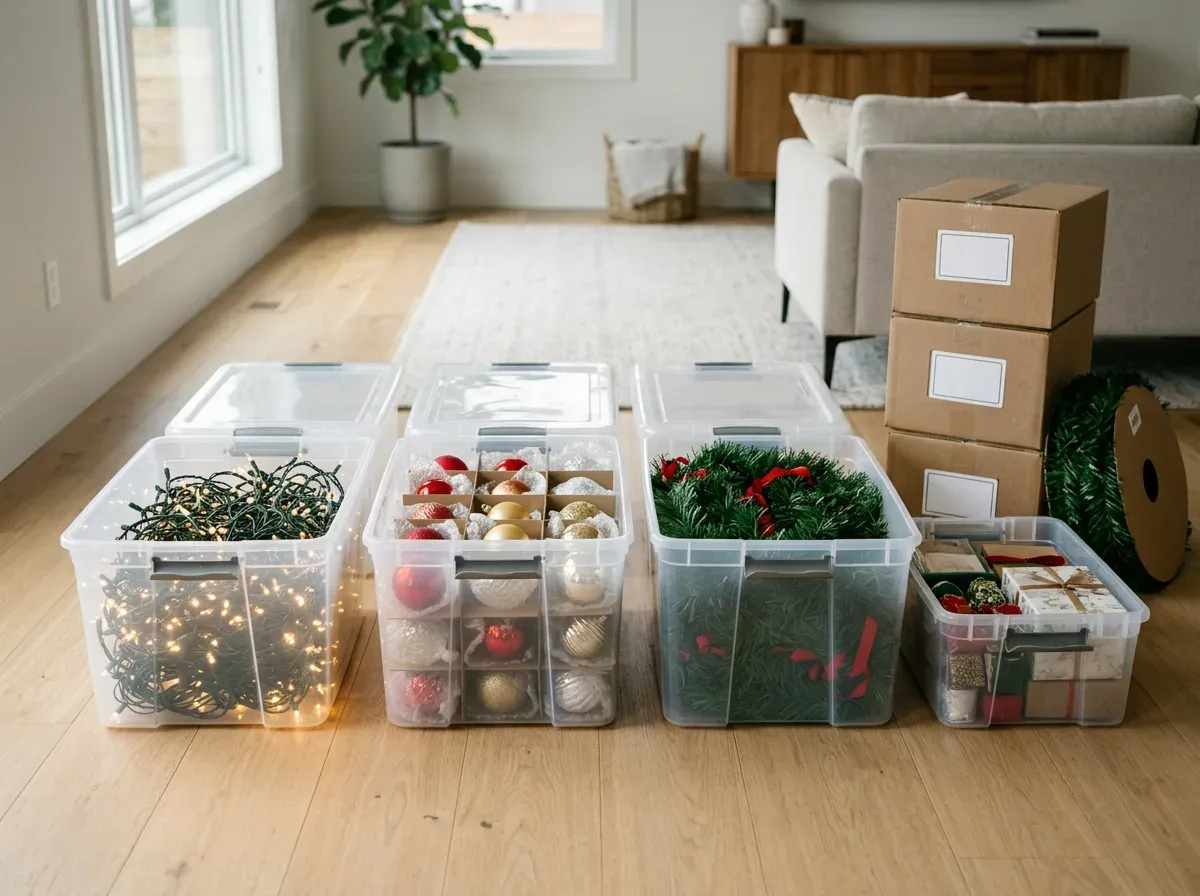An assortment of ornaments sits in bins ready for storage.